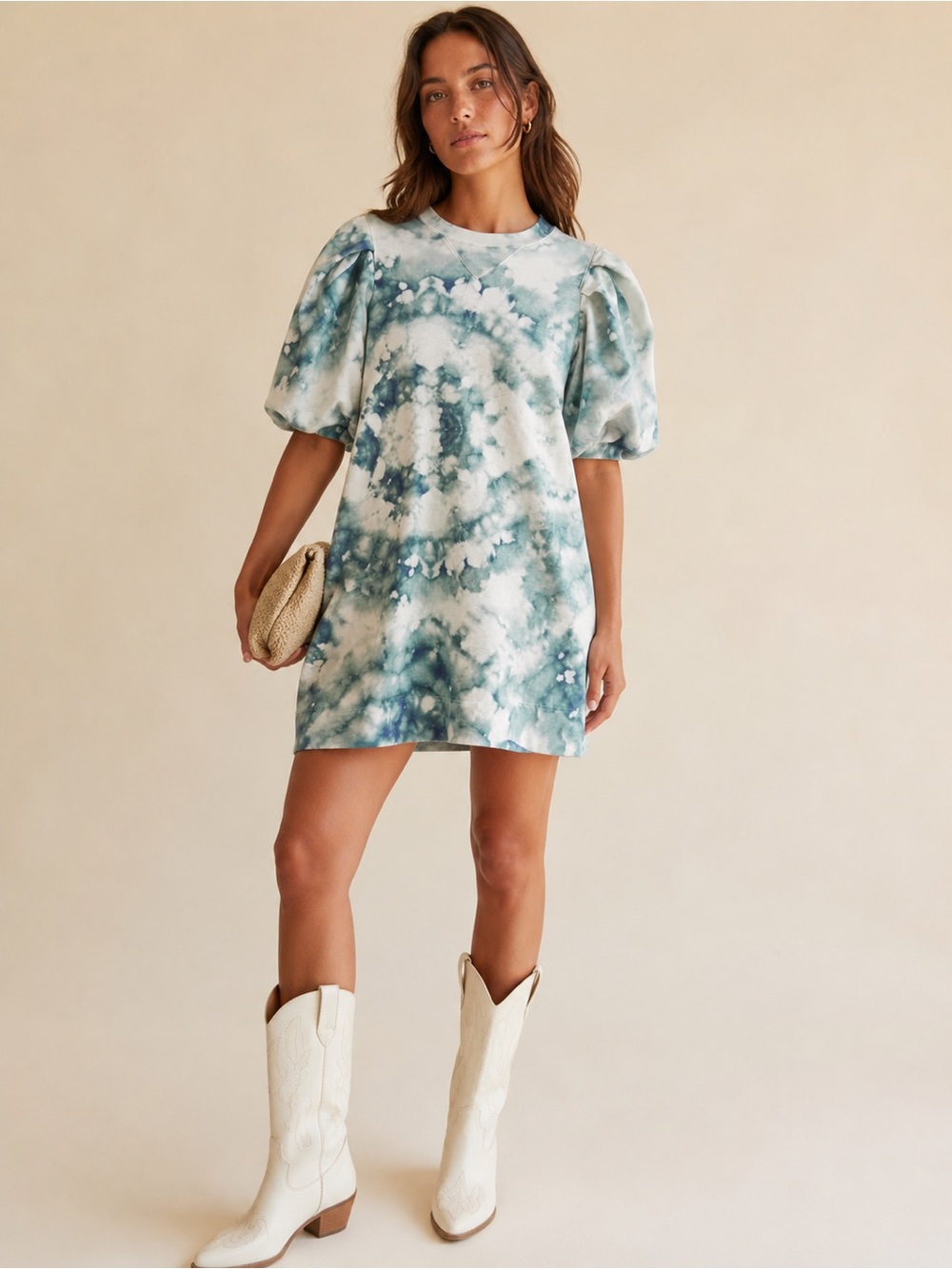 Marie Oliver Blue Tie-Dye Puff Sleeve Pima Cotton Mini Evie Dress Medium